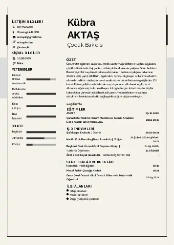 Çocuk Bakıcısı CV Örnekleri cv indir